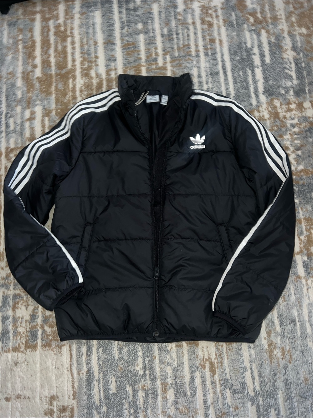 Adidas Kids Black Puffer Jacket with White Stripe